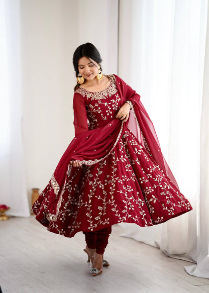 Preeva - Cherry 🍒 Pink  Soft Georgette with Full Embroidery Gown Fully Stitched