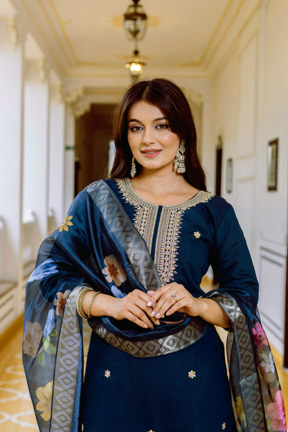 Rama Soft Silk Kurti Set with Beautiful Embroidery