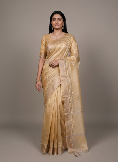 Malvika - Premium Shimmer Net type Pastel Colours Saree with Stitched Blouse of your Own Style