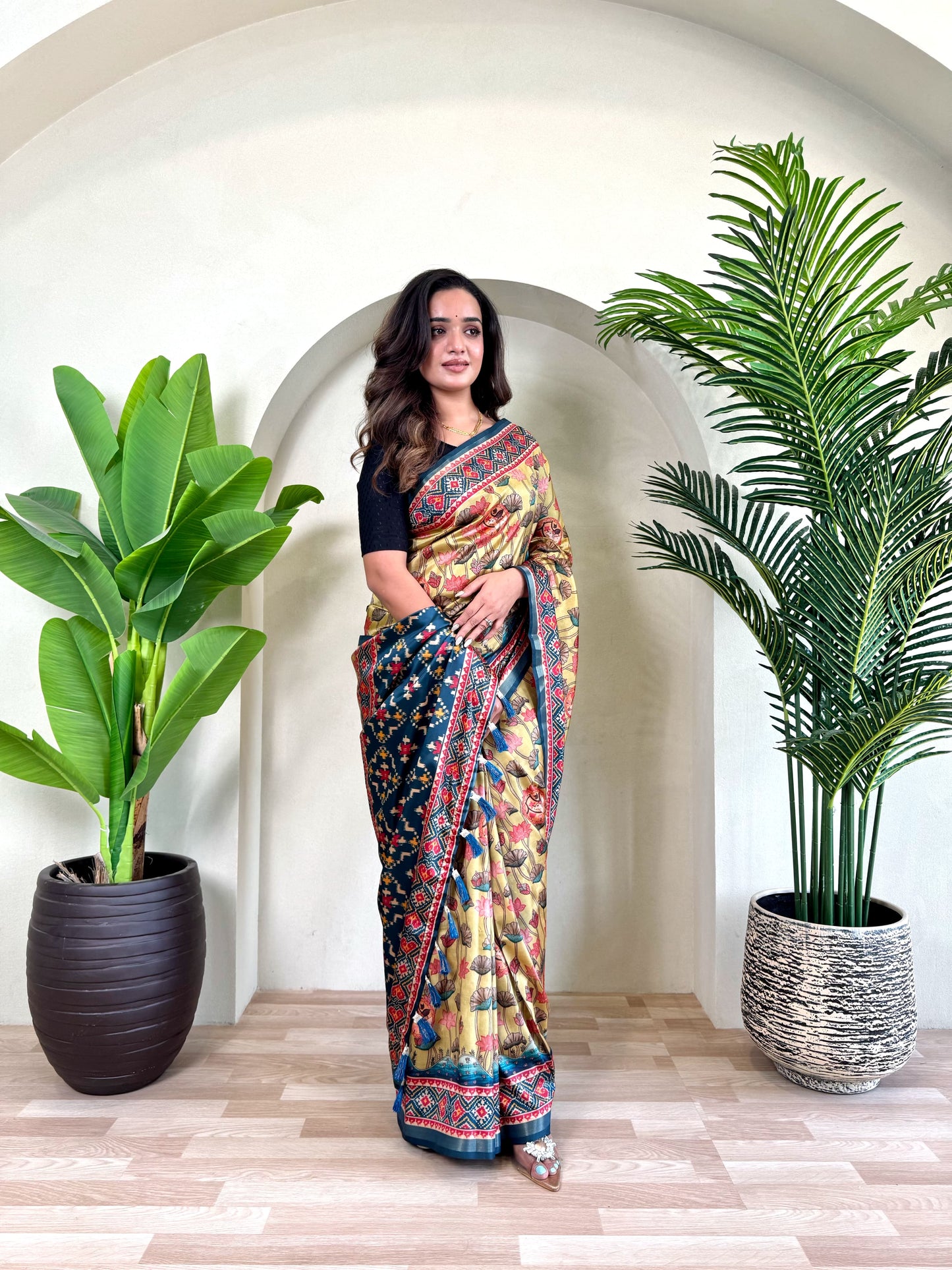 Ramya - Beautiful Dola Silk Printed Saree with Stitched Blouse Options