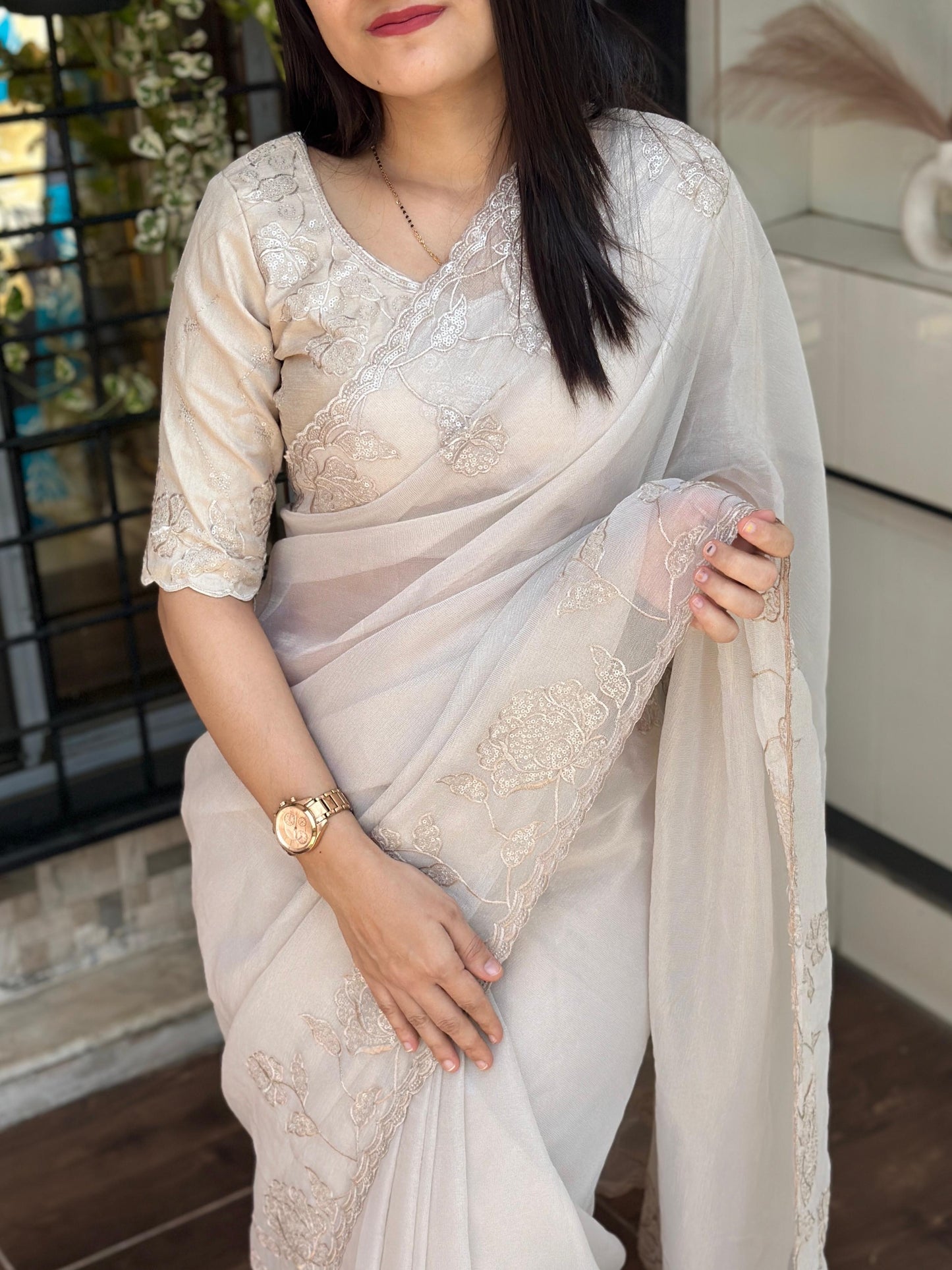 Pearl White soft Organza Silk Saree with Beautiful Silver Embroidery & Stitched Blouse Options
