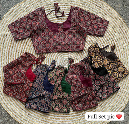 Black Pure Cotton kalamkari print readymade blouse front hook