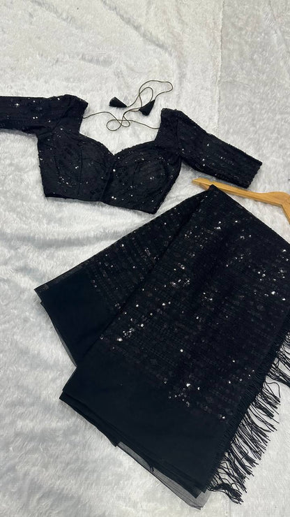 Dinner or Party Special Jet Black Sparkling Sequins Saree with Stitched Blouse