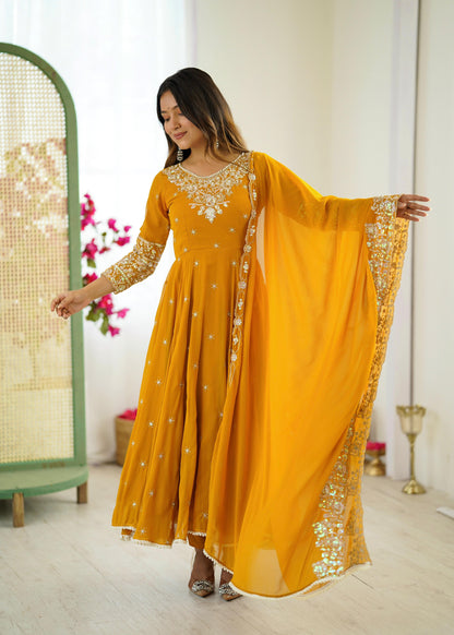 Mustard Premium Faux Georgette Anarkali Gown with Beautiful Work Fully Readymade