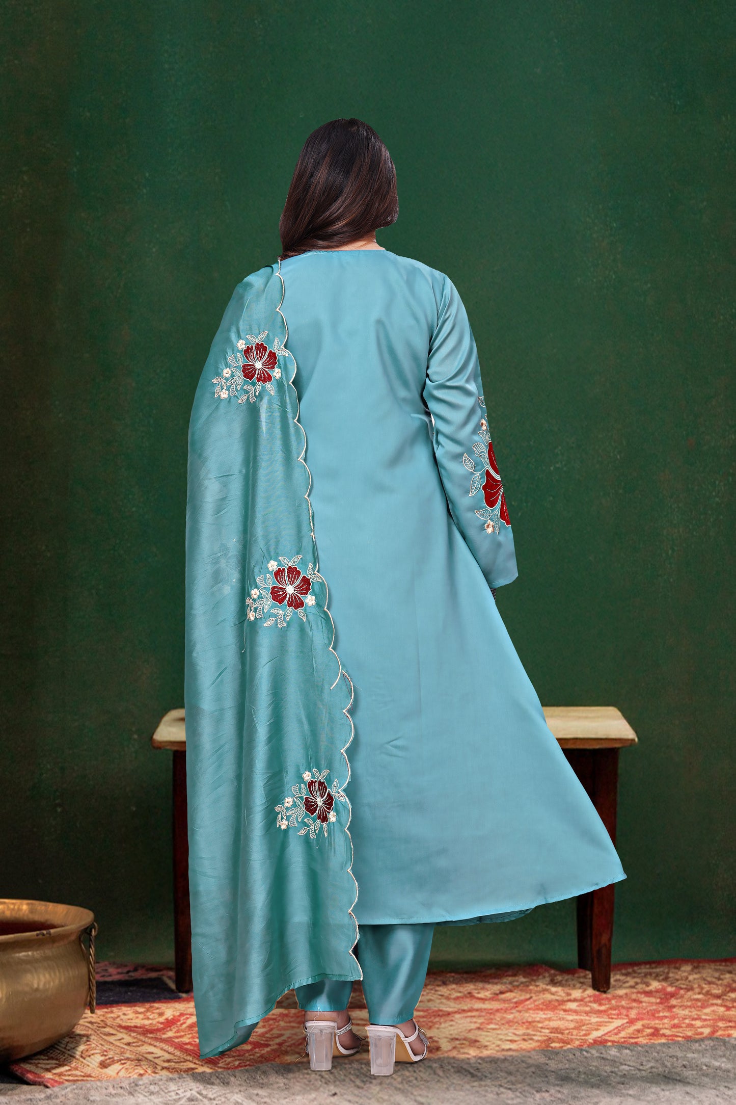 Sea Blue Chanderi Silk Flairer Kurti Set Fully Stitched