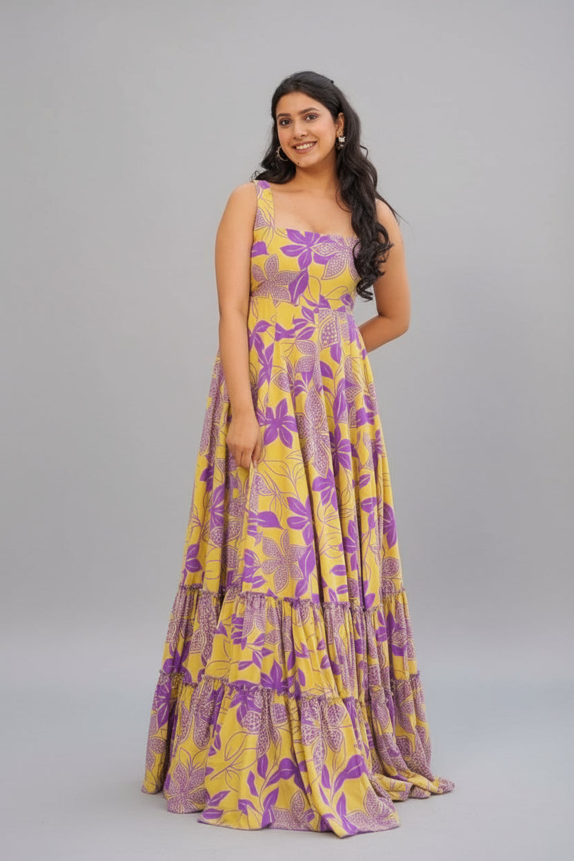 Woman in a yellow and purple floral dress standing by a pool.