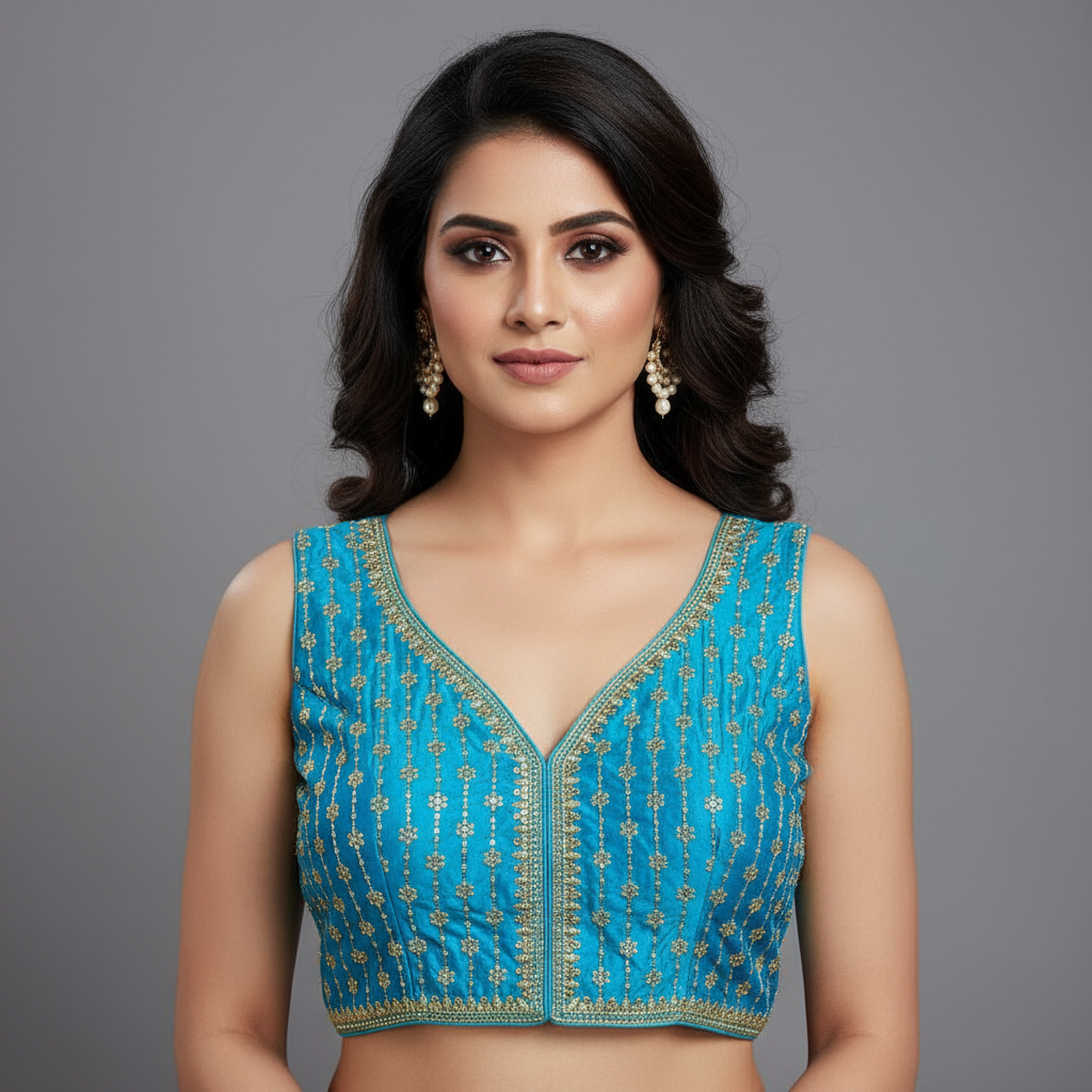 Blue embroidered blouse with matching headband on a textured surface