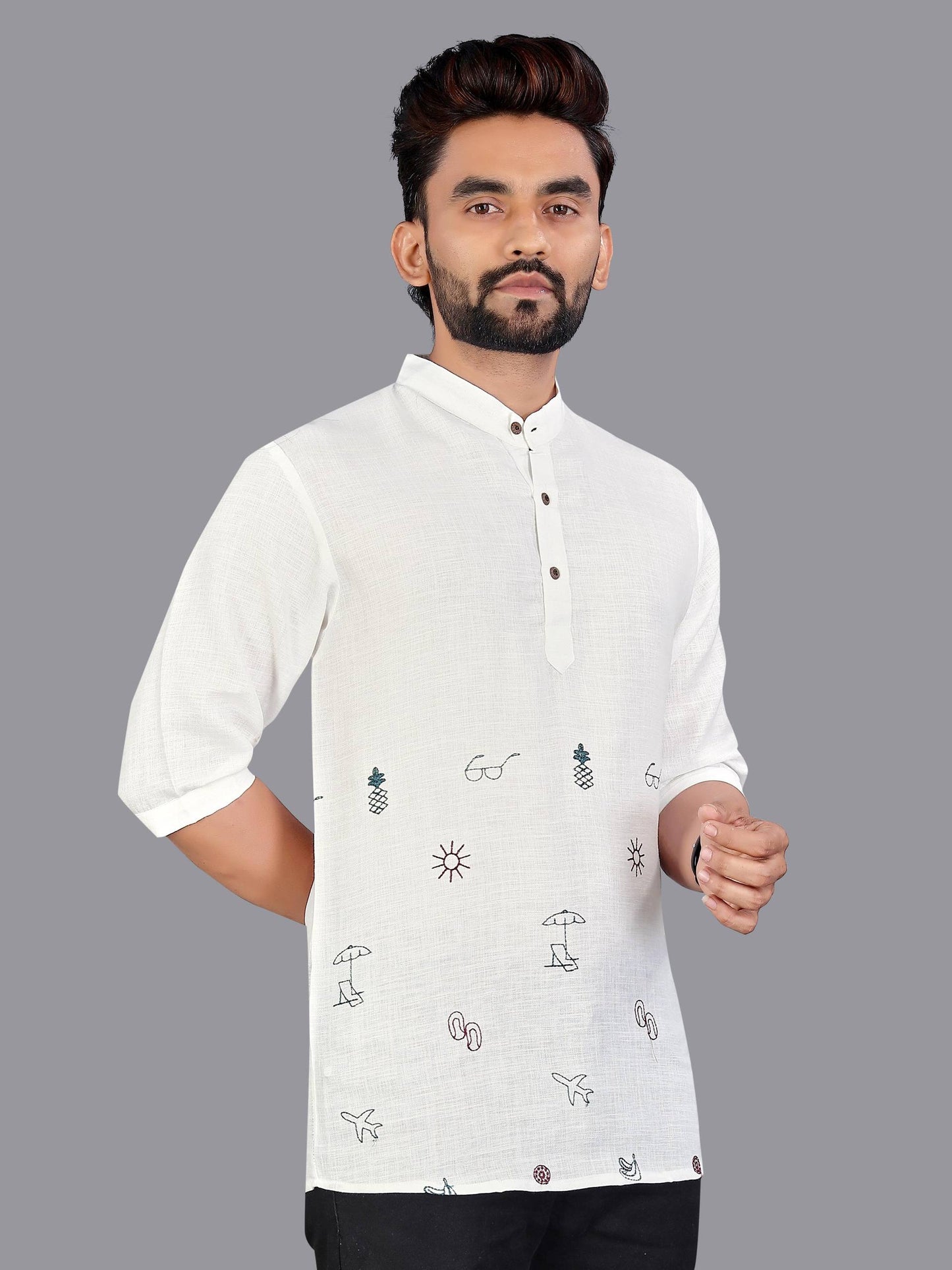 Off White Men's Premium Linen Print Short Kurta for Casual or Festive Look
