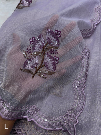Beautiful Pastel Purple Jute Organza Work Saree with Stitched Blouse Options