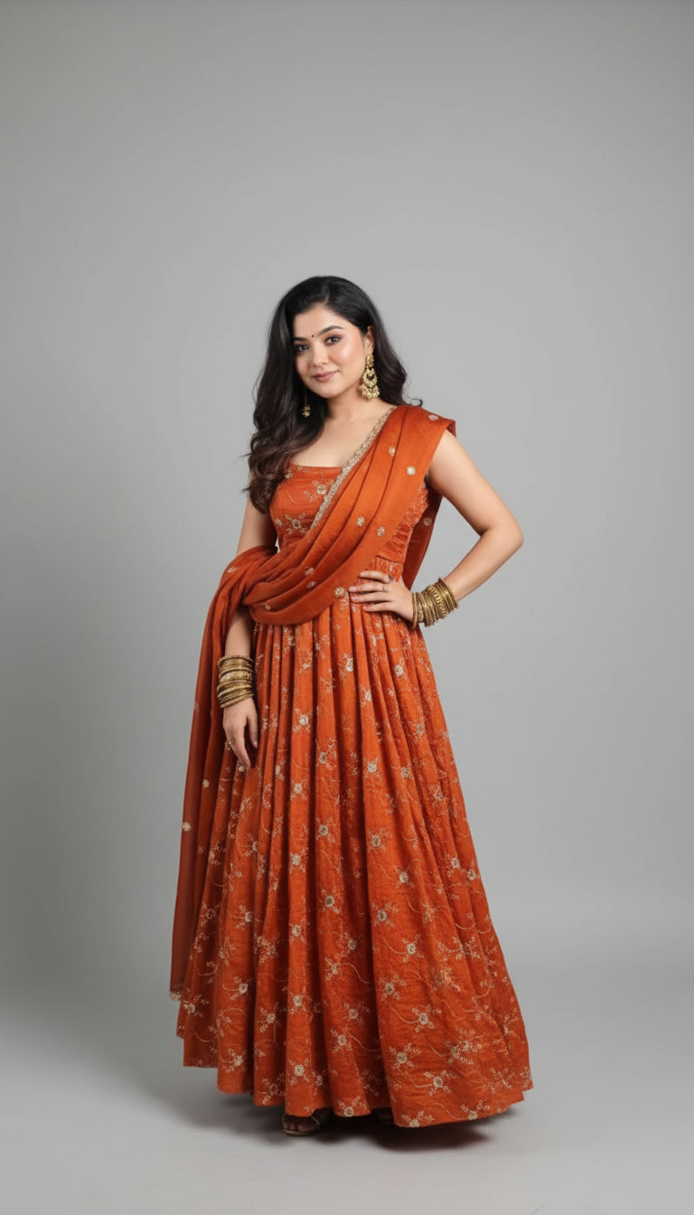 Woman in an orange traditional outfit standing in a room with a mirror and curtains.