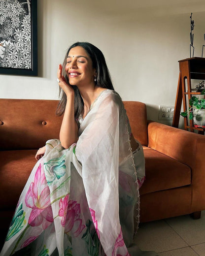 Soft Silk Floral Val Moti Work Border Saree With Stitched Blouse Options