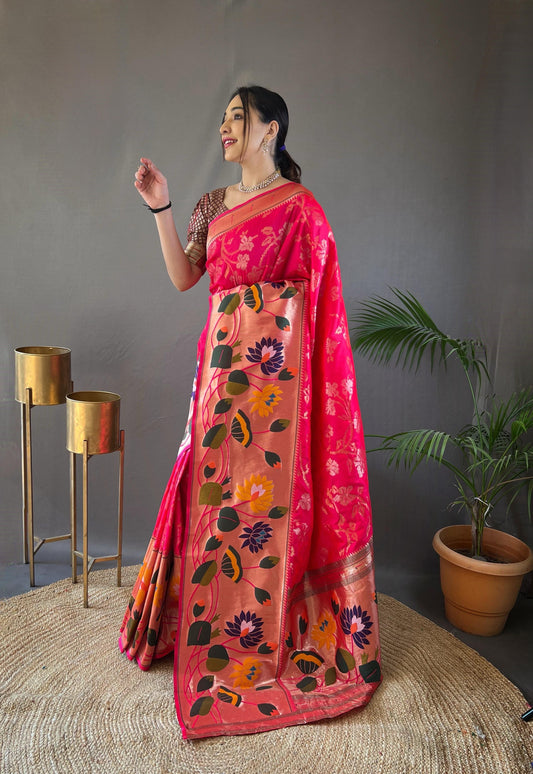 Suhani - Pure Paithai Silk Floral Weaved Saree with Stitched Blouse Options