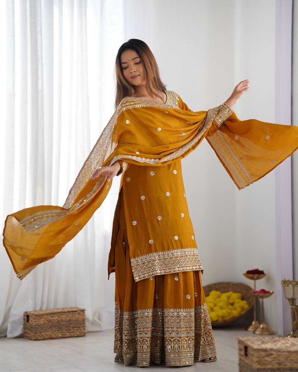 Golden Hour Chinnon Silk Sharara Set M / Yellow Golden Hour Chinnon Silk Sharara Set M / Yellow