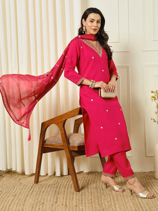 Rani Pink Premium Suit with Pant and Dupatta