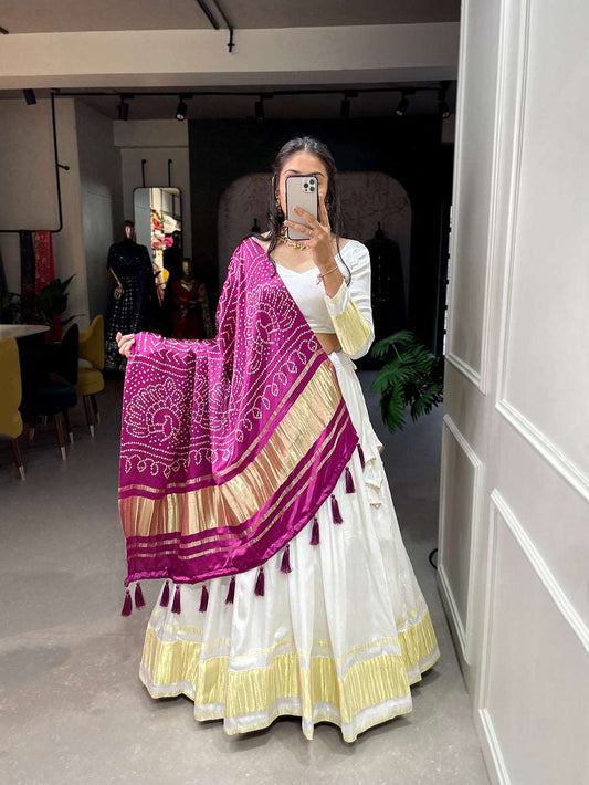 Evergreen simple lehenga with bandhej print silk dupatta