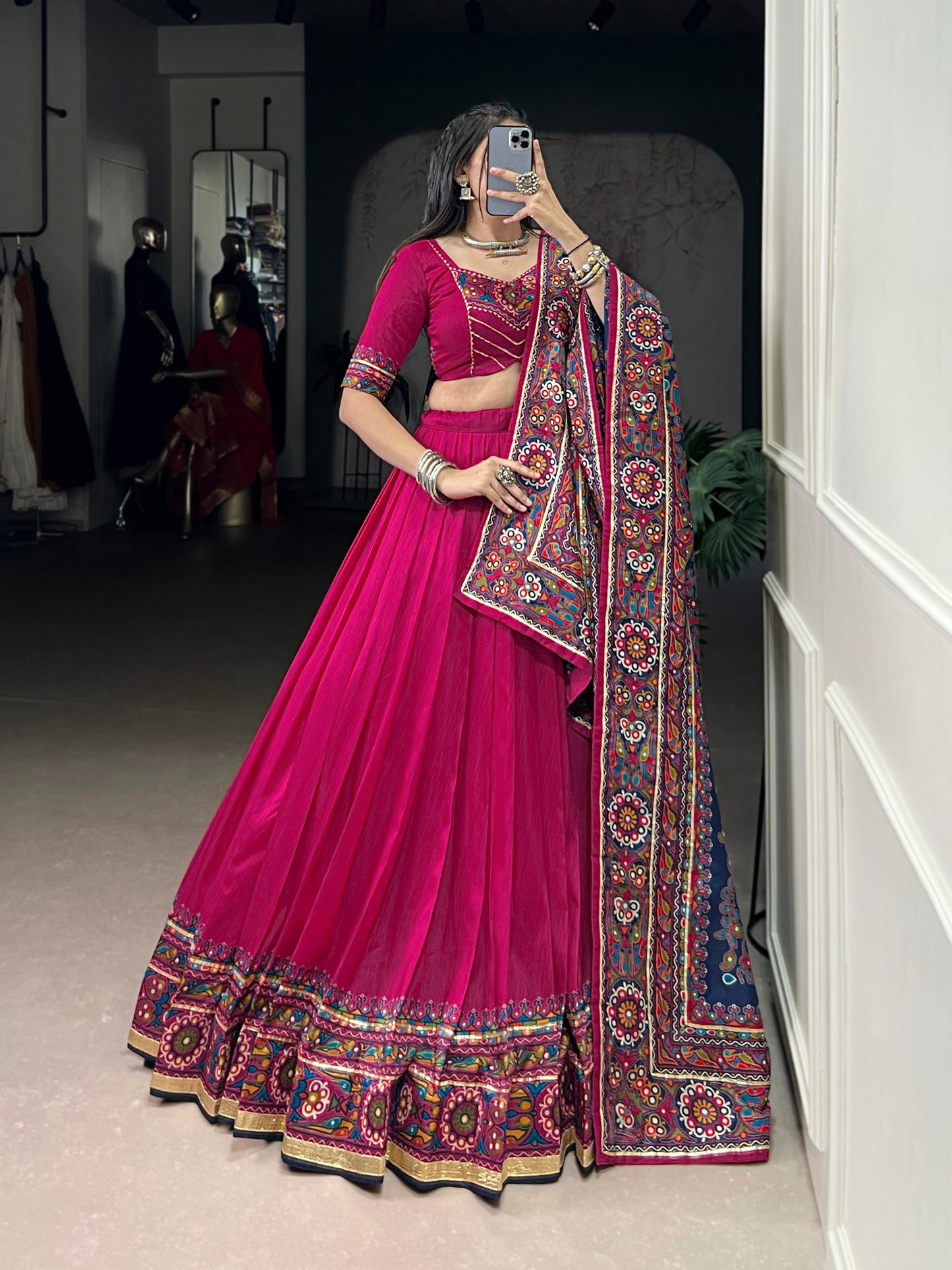 Gamthi Print and Embossed Lace Silk Chaniya Cholis for Navratri Fully Stitched