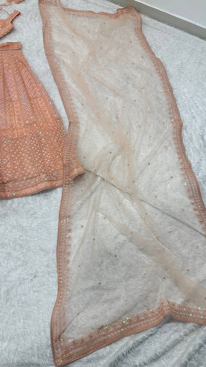 Premium Peach Net Lehenga with Sequins and Dori Work Fully Stitched
