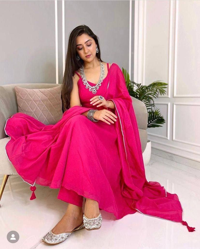 rani pink dress for women Buy MDARTS Rayon Women's Rani Pink Color Solid Pattern V Neck Sleevesless Mid Length Gown Anarkali Kurta Flared Dress for Women and Girl and Casual Wear and Office Wear Dress for Women