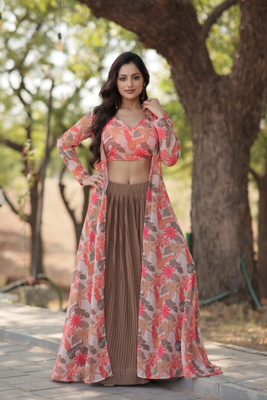 Faux Georgette Brown Pink Lehenga with Shrug Style