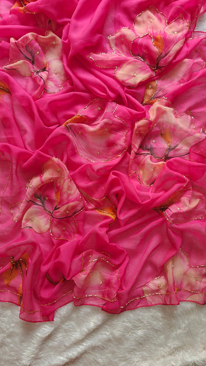 Floral Pink Soft Silk Lightweight Saree with Stitched Blouse Options