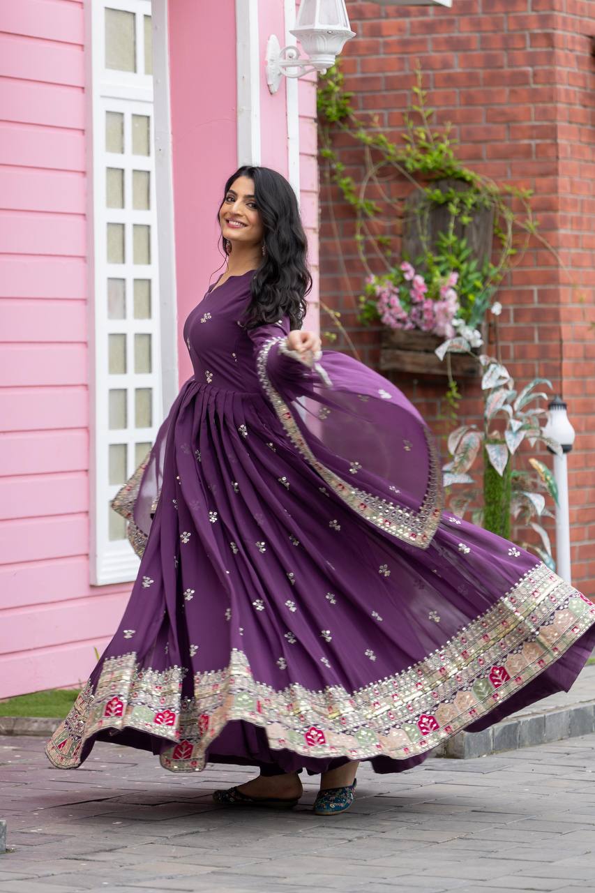 Eggplant Purple Premium Embroidered Gown fully stitched