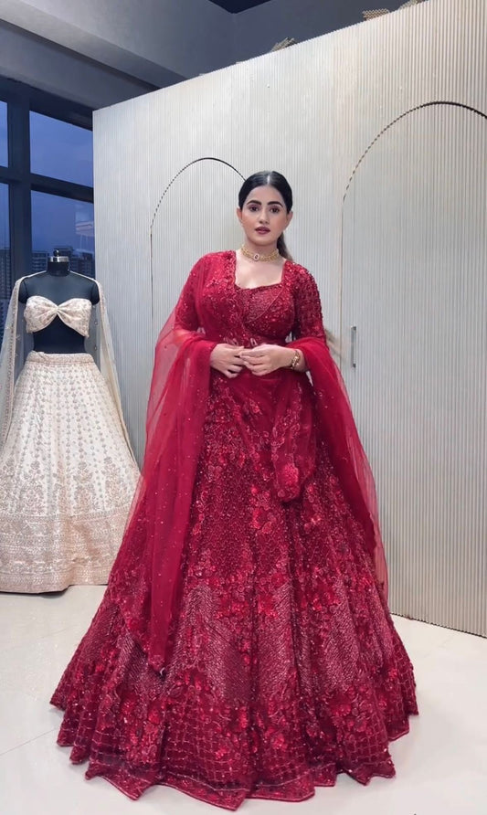Rose Red Premium Floral Embellished With Pearl Work Lehenga