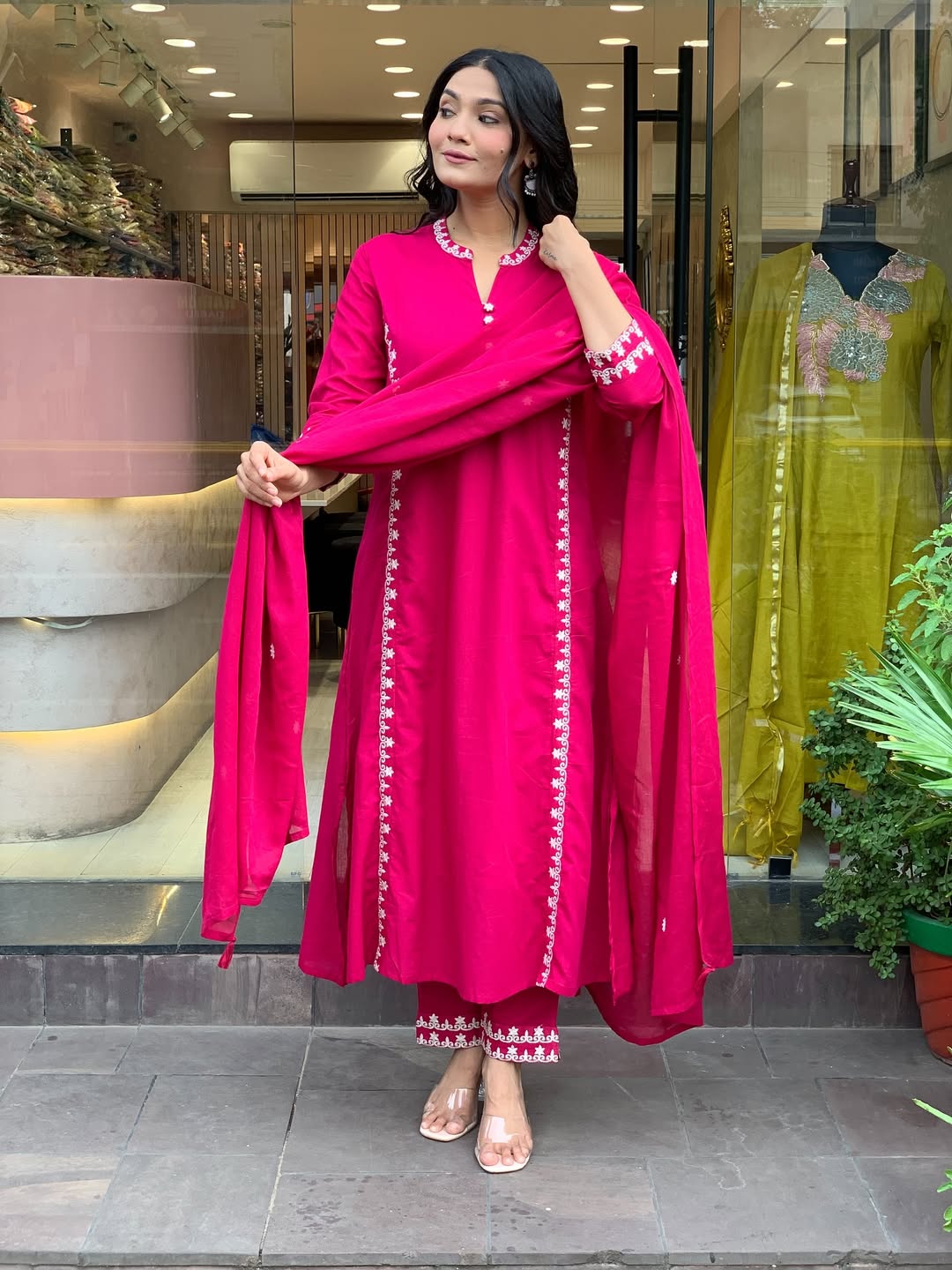 Rani Pink Soft Chanderi Minimal Kurti Set Fully Stitched