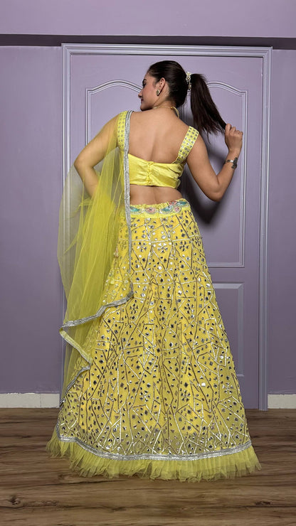 Yellow Georgette Lehenga with Zari Work & Ruffle Border Fully Stitched