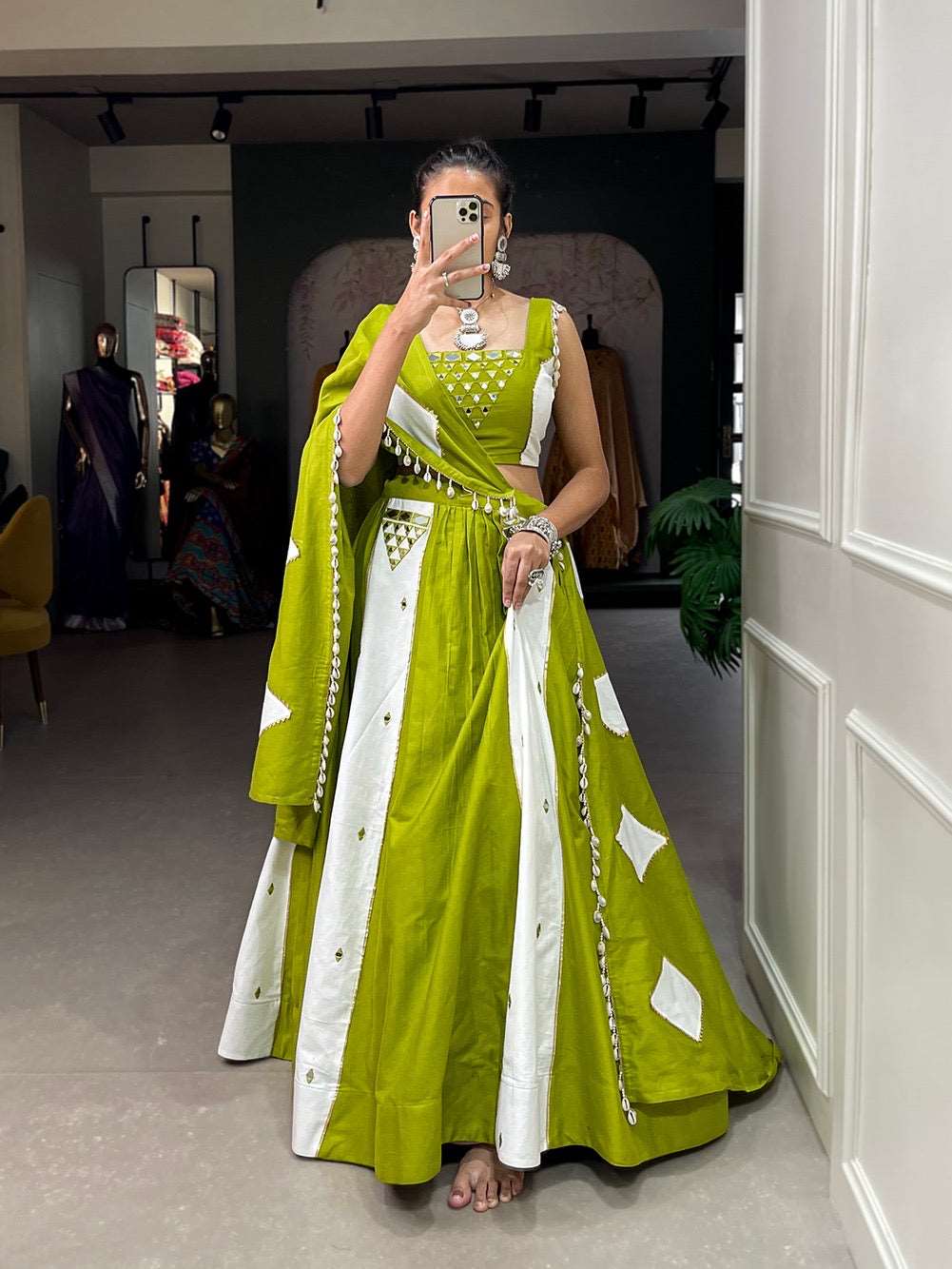 Nitara - Pure cotton Mehendi and Pink fully stitched lehenga