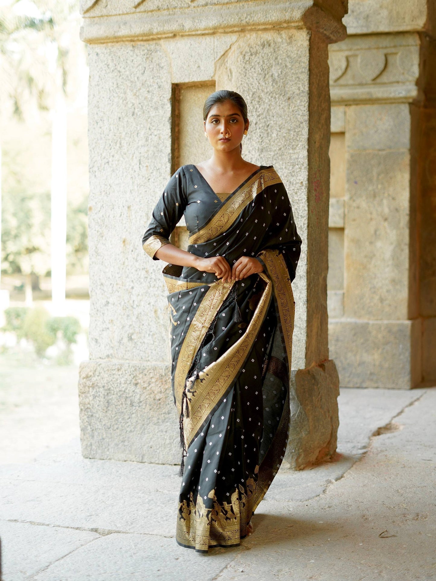 Apsara - Soft Silk with Hand Bandhej Pattern Gold Border Paithani Saree with Stitched Blouse Options