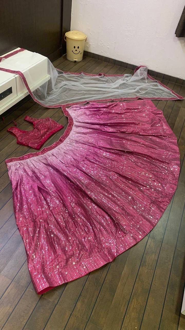 Dual Tone Pink and Grey Fully Sequins Work Lehenga Fully Stitched