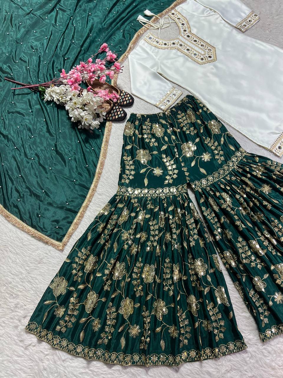 Green & White Punjabi Sharara set with Paper mirror work fully stitched