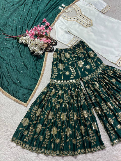 Green & White Punjabi Sharara set with Paper mirror work fully stitched
