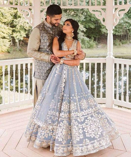 Light Grey blue fully stitched lehenga
