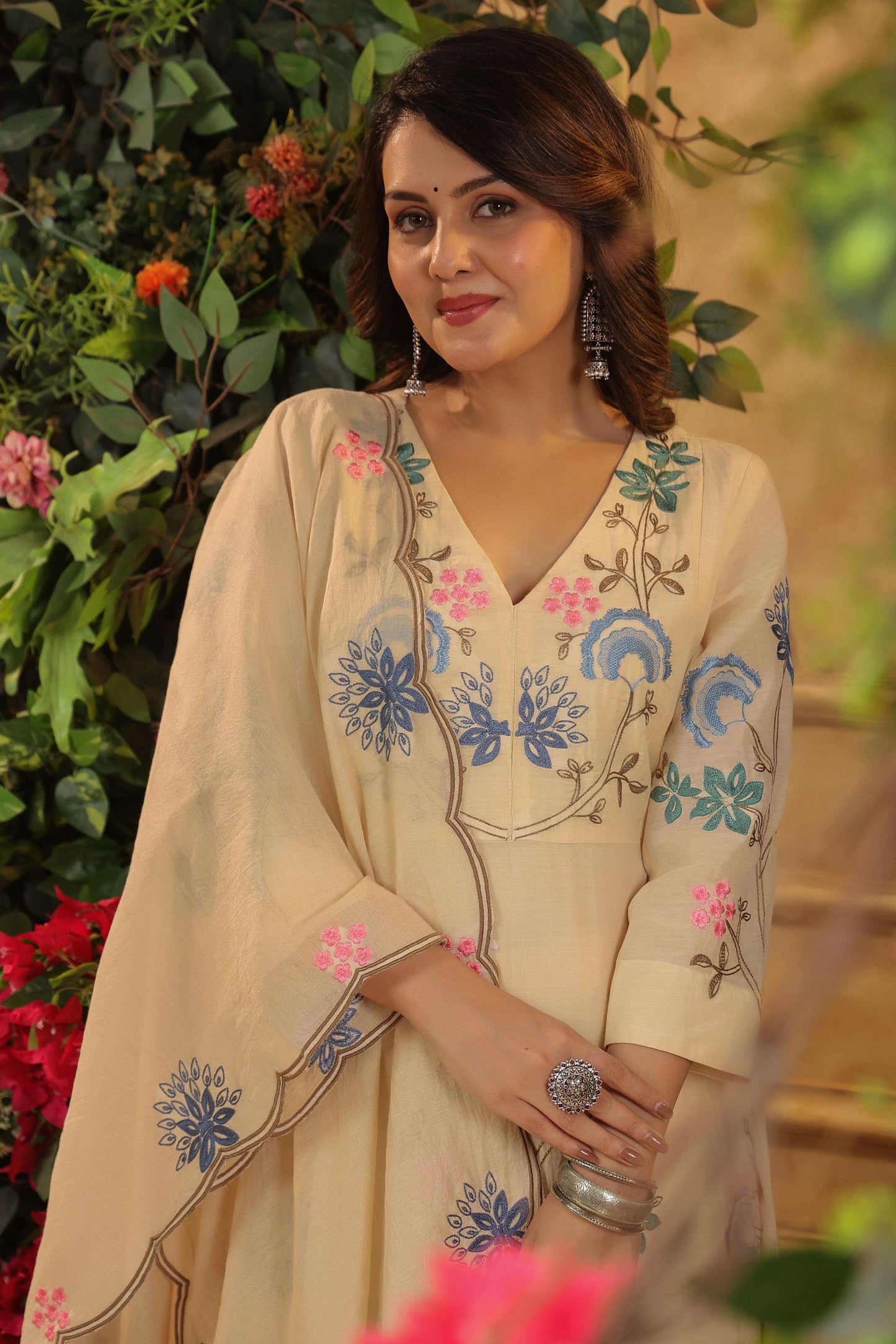 Nikita - Premium beige Chanderi Silk Anarkali Suit Fully Stitched