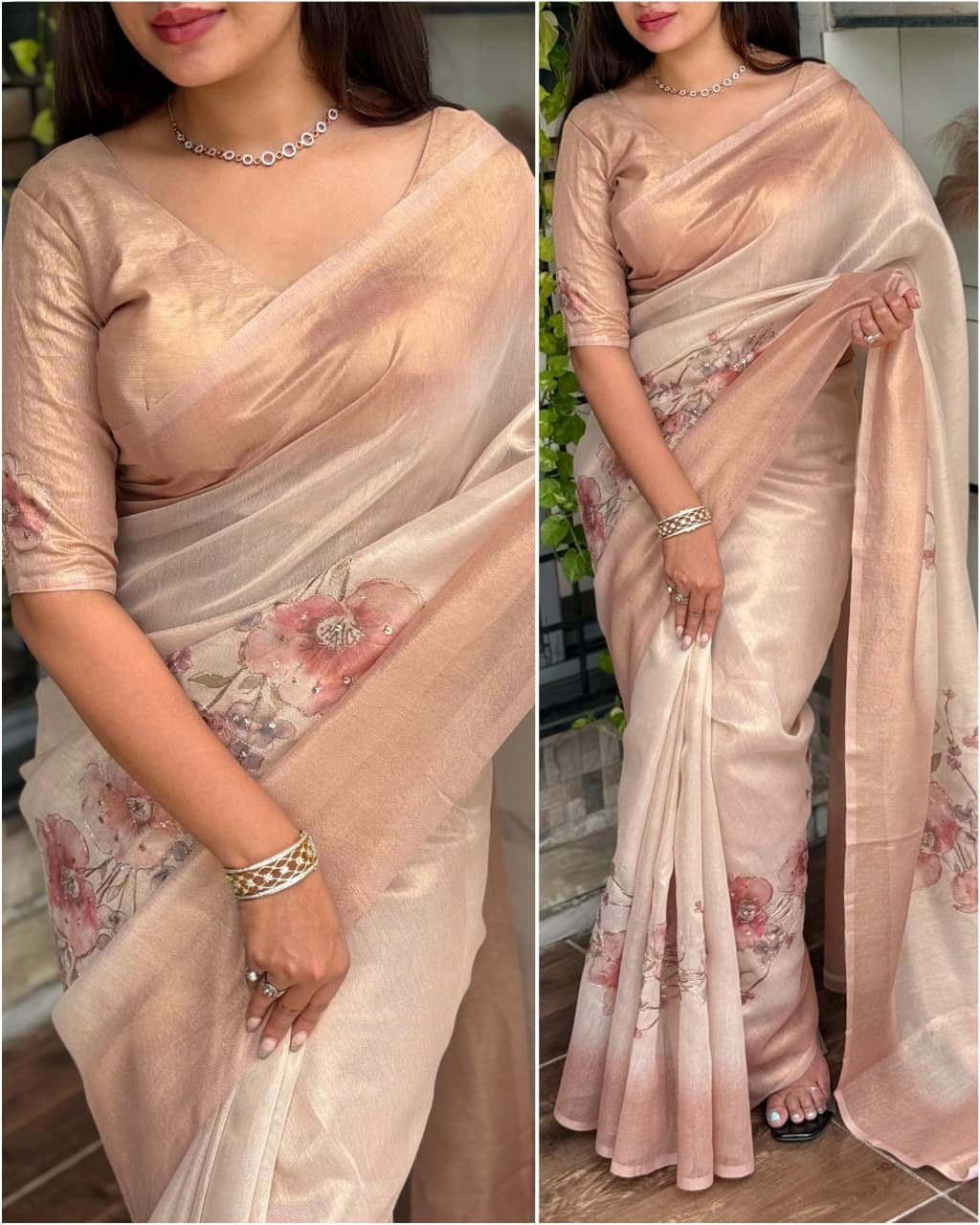 Mohini - Pure Soft Silk Floral Printed Peachy Orange Saree with Stitched Blouse Options