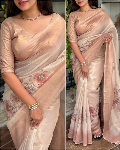 Mohini - Pure Soft Silk Floral Printed Peachy Orange Saree with Stitched Blouse Options