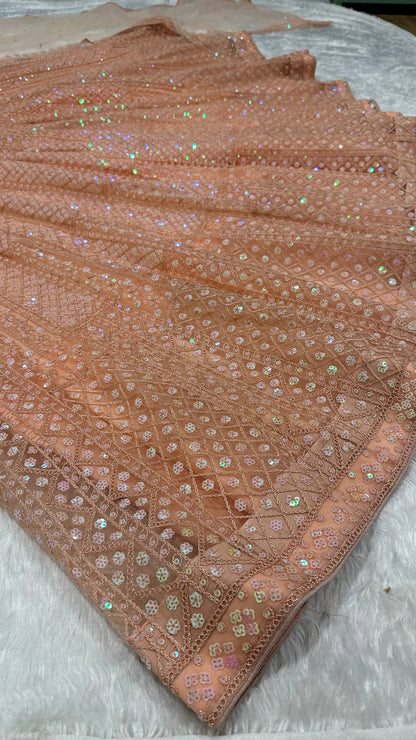 Premium Peach Net Lehenga with Sequins and Dori Work Fully Stitched