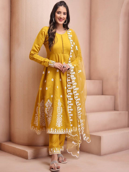 Mustard yellow anarkali with white embroidery