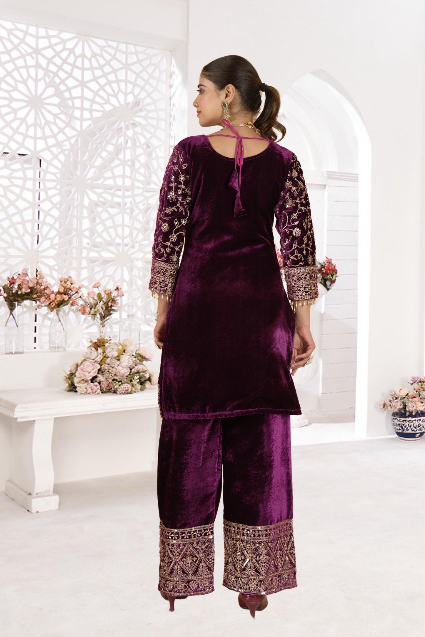 Noor - Wine Premium Velvet Fabric with beautiful Embroidery Suit Fully Stitched