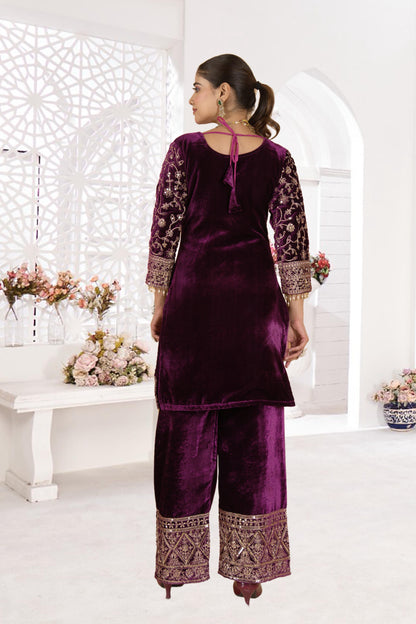 Noor - Wine Premium Velvet Fabric with beautiful Embroidery Suit Fully Stitched