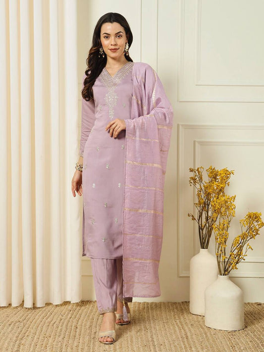 Readymads Soft Silk lilac suit with pant and dupatta