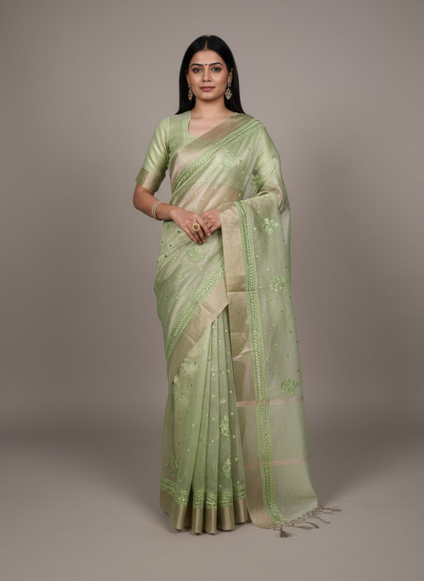 Malvika - Premium Shimmer Net type Pastel Colours Saree with Stitched Blouse of your Own Style