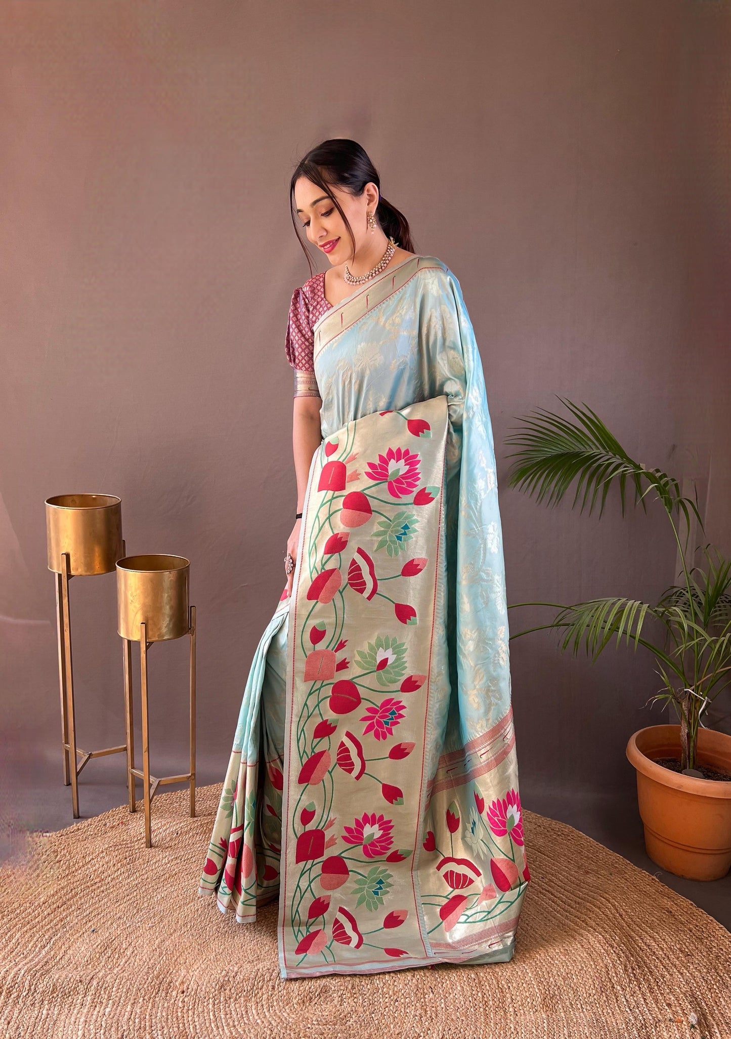 Suhani - Pure Paithai Silk Floral Weaved Saree with Stitched Blouse Options
