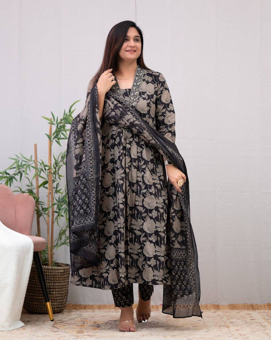 Black and white cotton premium suit with pant and dupatta