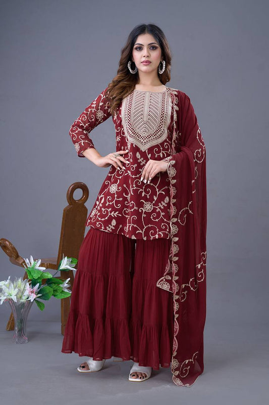 Soft Georgette Maroon Sharara Set Fully Stitched