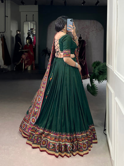 Gamthi Print and Embossed Lace Silk Chaniya Cholis for Navratri Fully Stitched