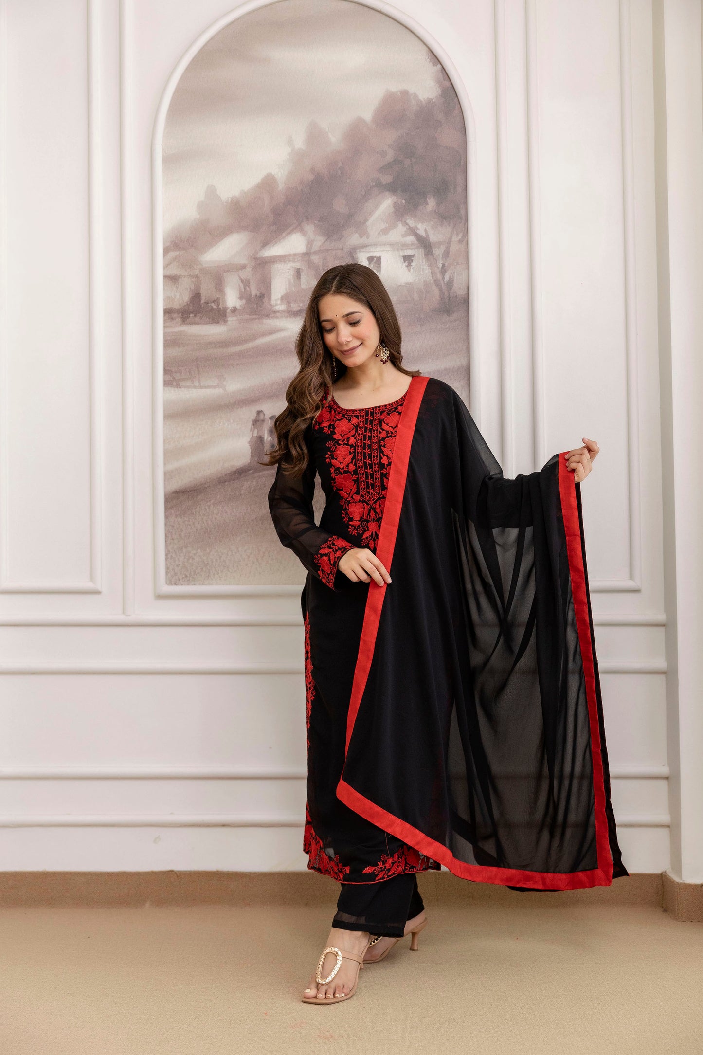 Black and Red Georgette Kurti Set with Embroidery Work