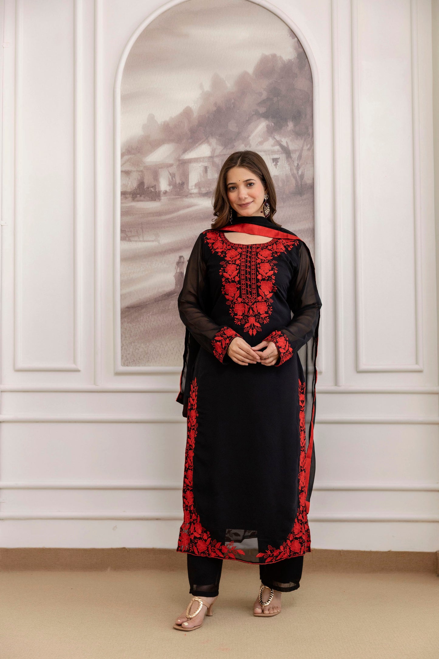 Black and Red Georgette Kurti Set with Embroidery Work