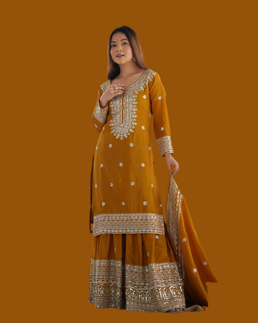 Mustard Yellow Punjabi Sharara set fully stitched